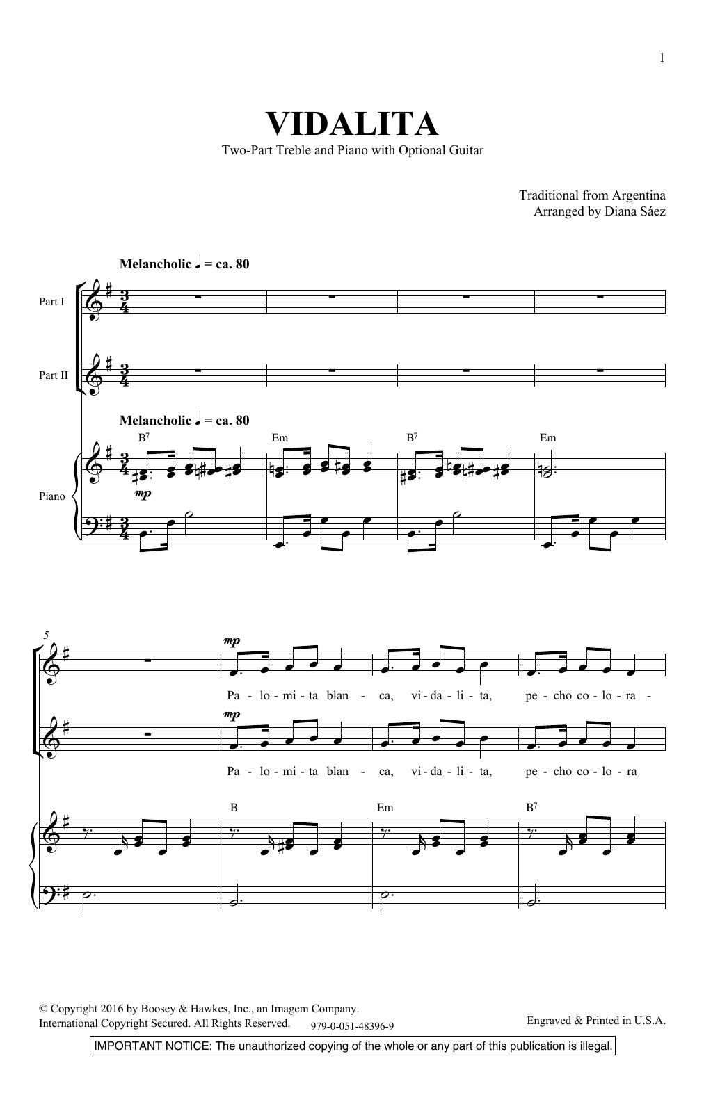Diana Saez Vidalita sheet music notes and chords arranged for 2-Part Choir