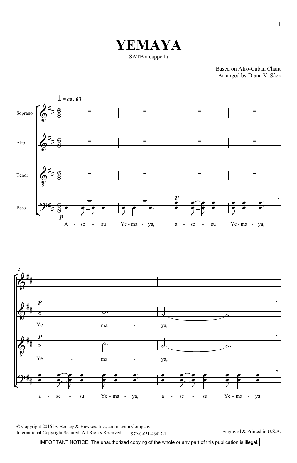 Diana Saez Yemaya sheet music notes and chords arranged for SATB Choir