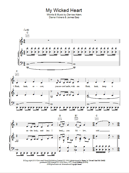 Diana Vickers My Wicked Heart sheet music notes and chords arranged for Piano, Vocal & Guitar Chords