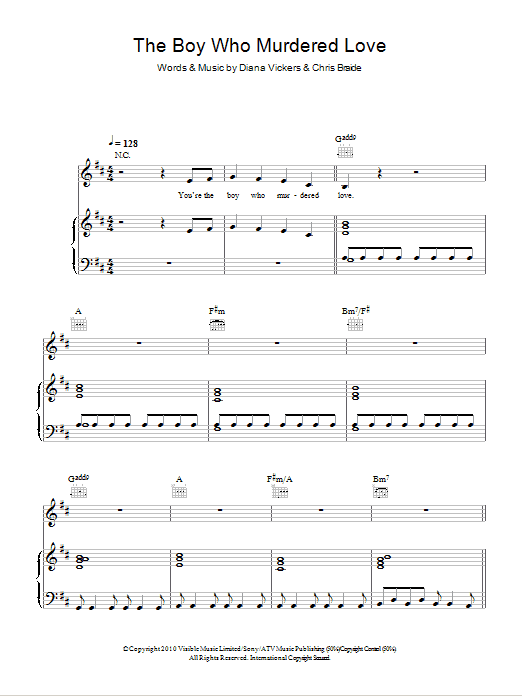 Diana Vickers The Boy Who Murdered Love sheet music notes and chords arranged for Piano, Vocal & Guitar Chords