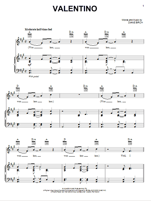 Diane Birch Valentino sheet music notes and chords arranged for Piano, Vocal & Guitar Chords (Right-Hand Melody)