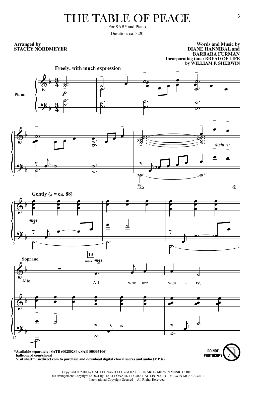 Diane Hannibal & Barbara Furman The Table Of Peace (arr. Stacey Nordmeyer) sheet music notes and chords arranged for SAB Choir