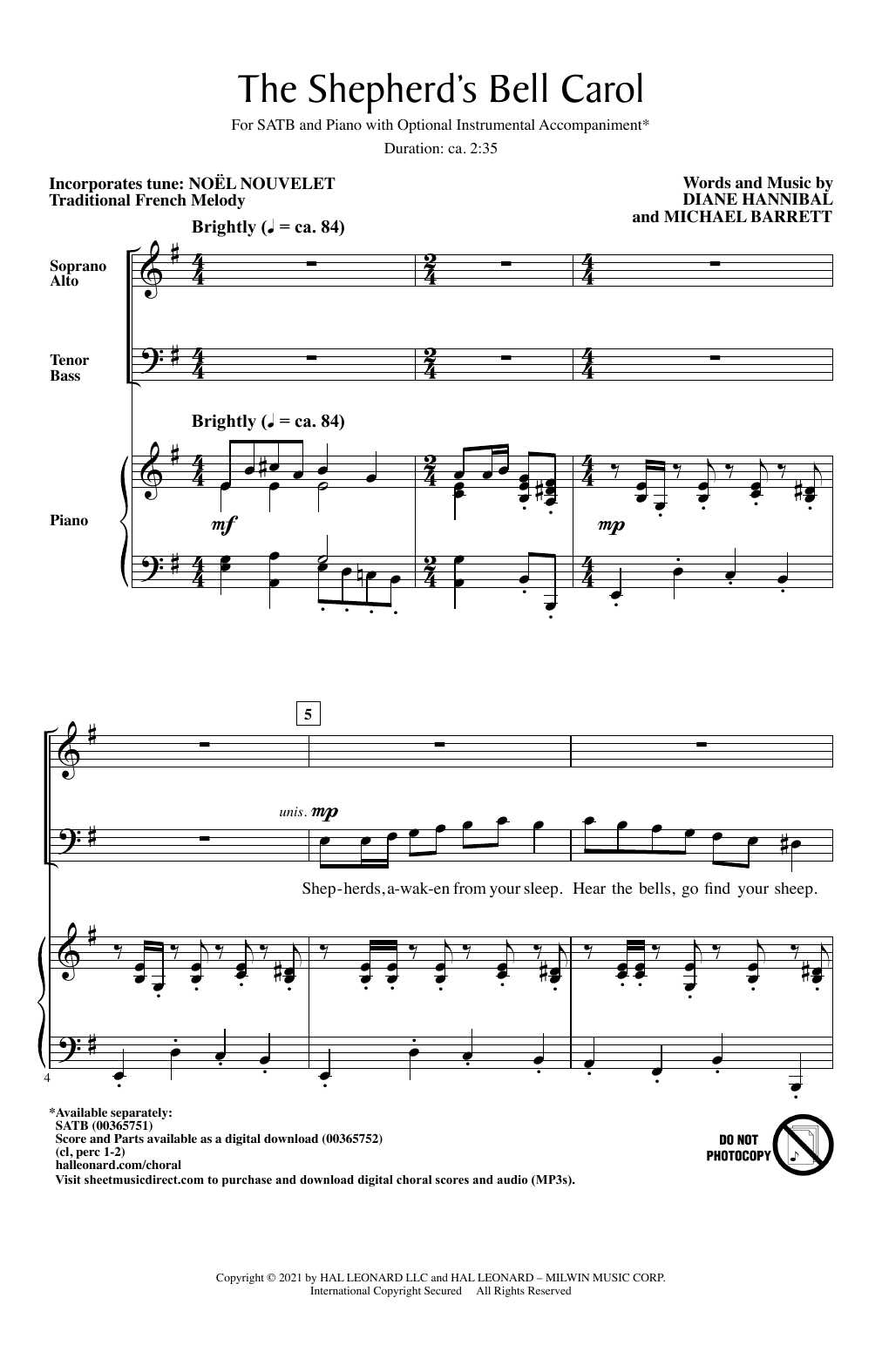 Diane Hannibal and Michael Barrett The Shepherd's Bell Carol sheet music notes and chords arranged for SATB Choir