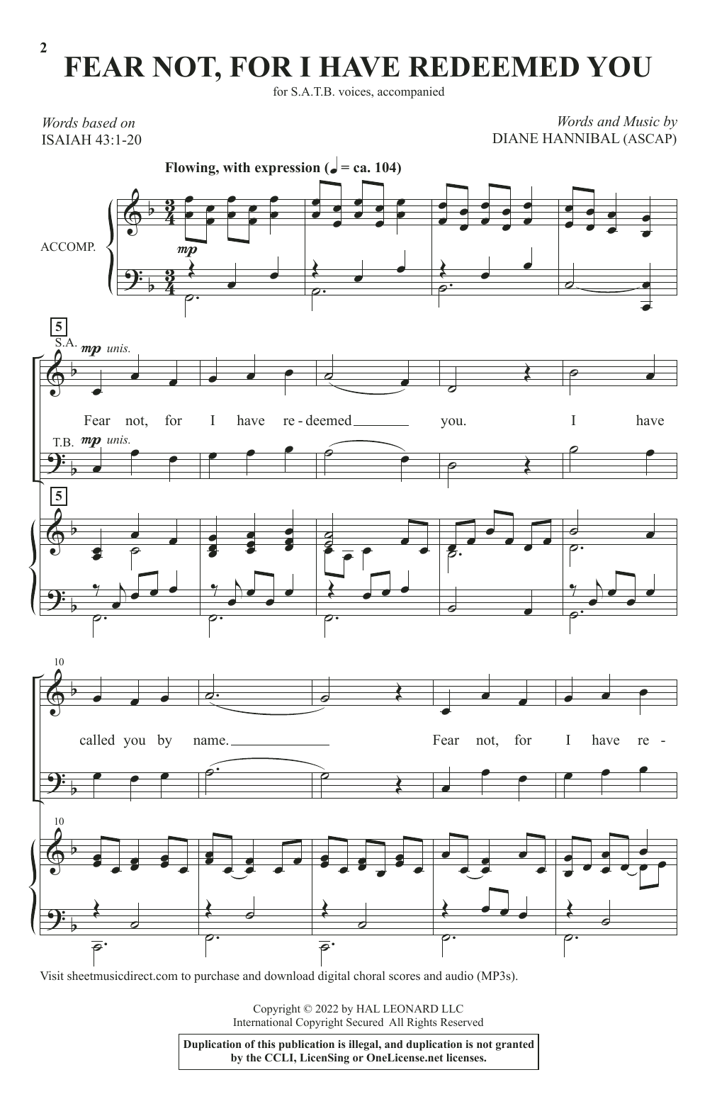 Diane Hannibal Fear Not, For I Have Redeemed You sheet music notes and chords arranged for SATB Choir