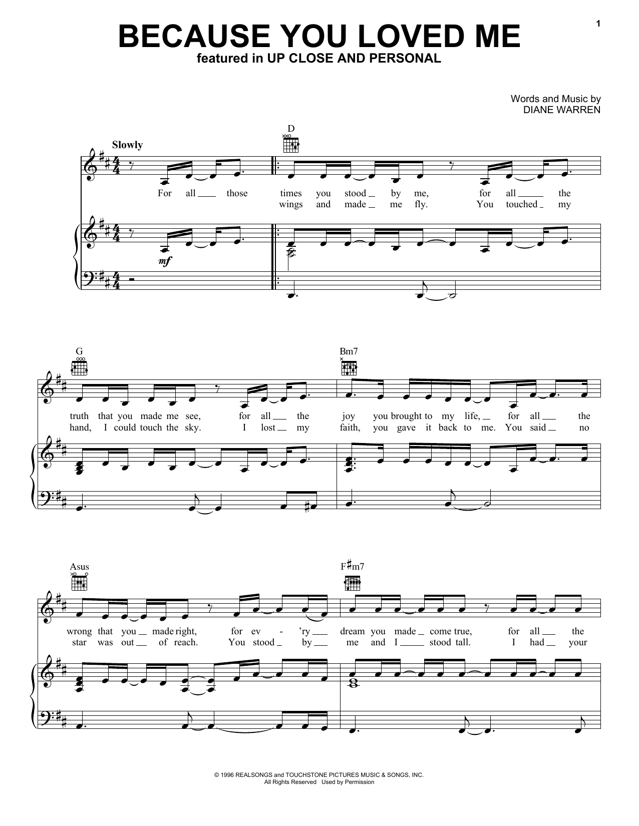 Diane Warren Because You Loved Me sheet music notes and chords arranged for Very Easy Piano