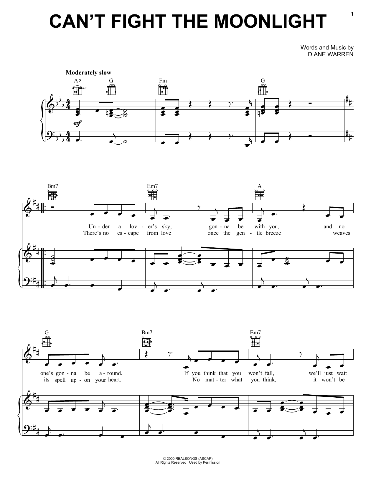 Diane Warren Can't Fight The Moonlight sheet music notes and chords arranged for Piano, Vocal & Guitar Chords (Right-Hand Melody)
