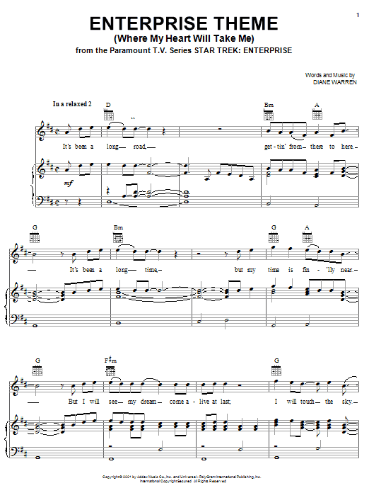 Diane Warren Enterprise Theme (Where My Heart Will Take Me) sheet music notes and chords arranged for Easy Piano