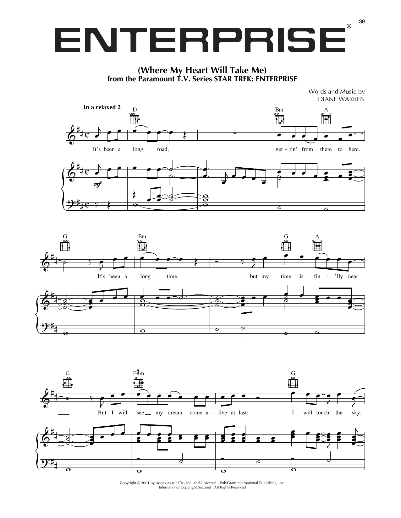 Diane Warren Where My Heart Will Take Me (Theme from Star Trek: Enterprise) sheet music notes and chords arranged for Piano Solo
