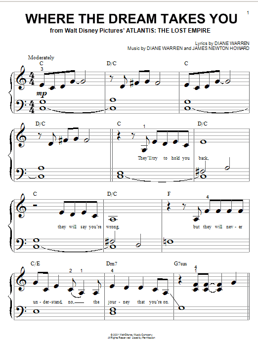 Diane Warren Where The Dream Takes You (from Atlantis: The Lost Empire) sheet music notes and chords arranged for Big Note Piano