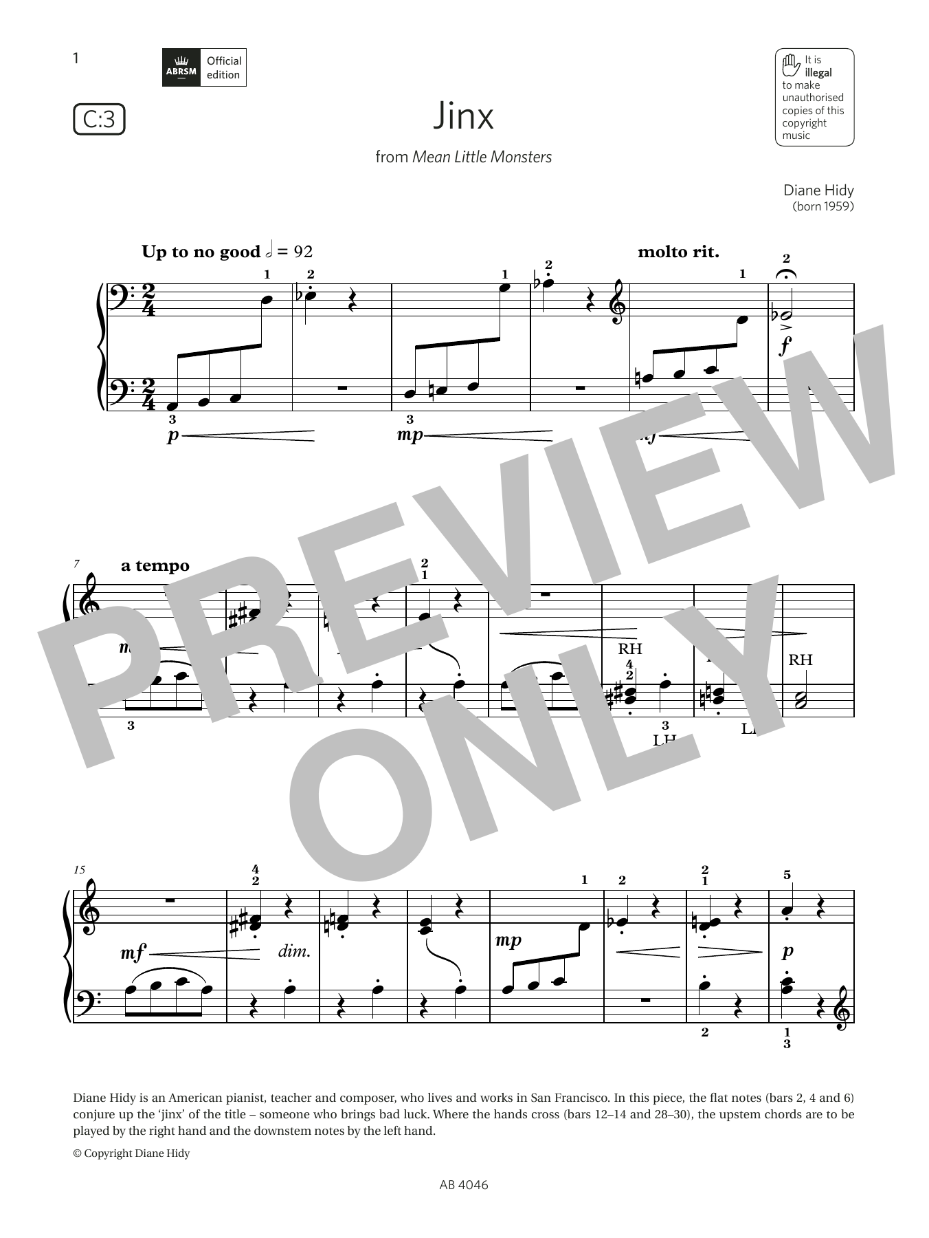 Diane Hidy Jinx (Grade Initial, list C3, from the ABRSM Piano Syllabus 2023 & 2024) sheet music notes and chords. Download Printable PDF.