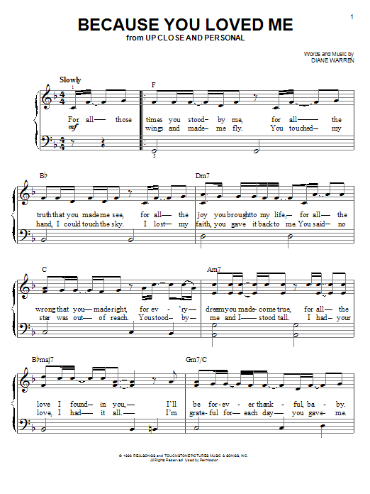 Diane Warren Because You Loved Me sheet music notes and chords arranged for Piano Solo