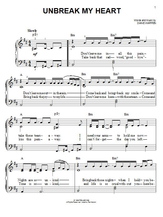 Diane Warren Un-break My Heart sheet music notes and chords arranged for Real Book – Melody, Lyrics & Chords