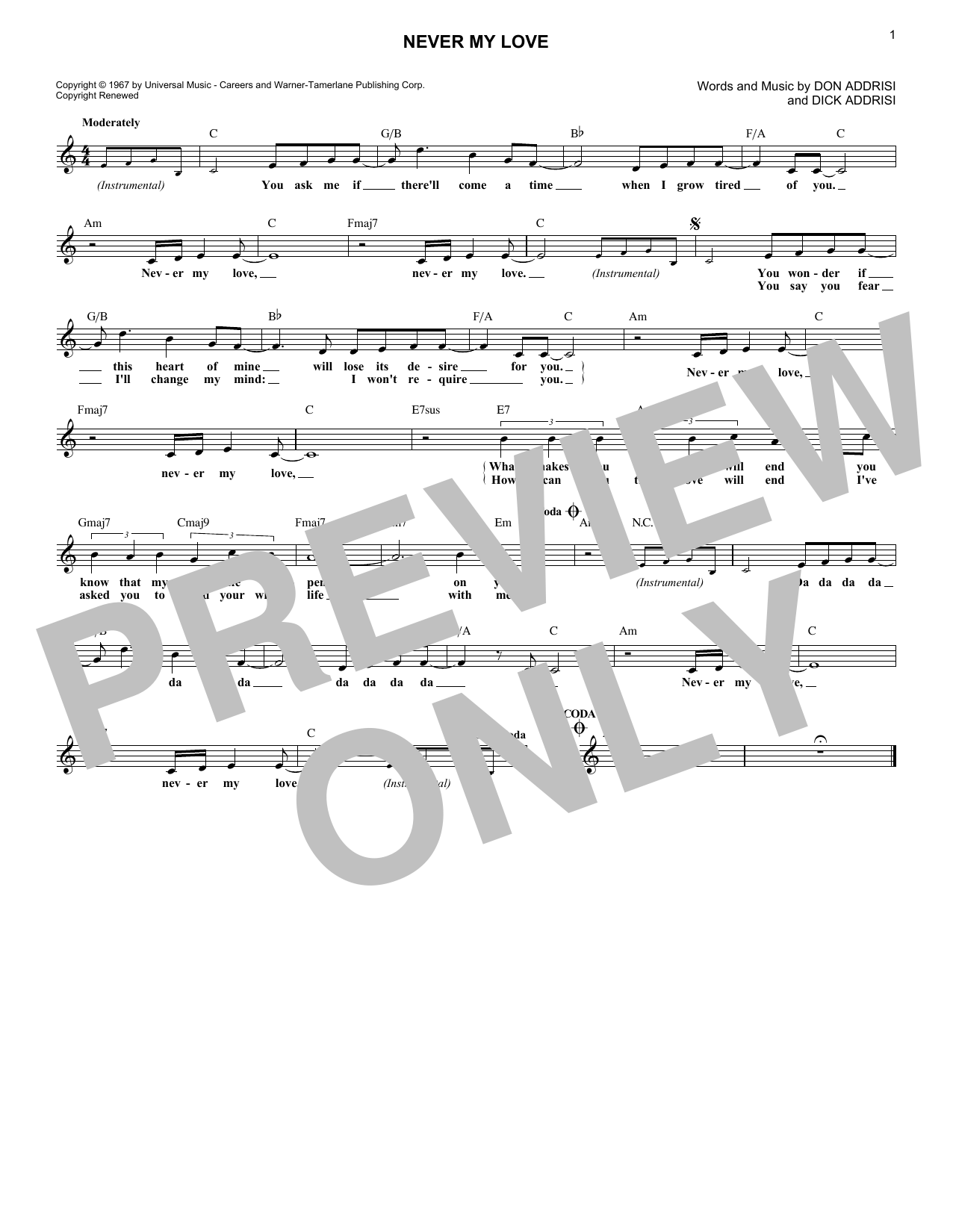 Dick Addrisi Never My Love sheet music notes and chords arranged for Lead Sheet / Fake Book