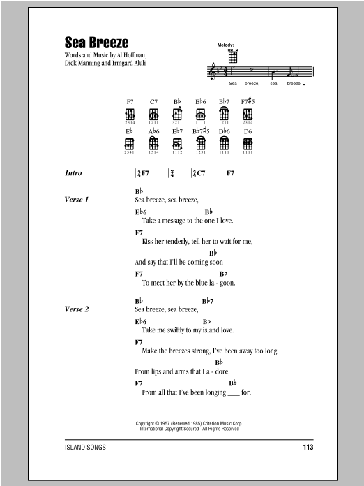 Dick Manning Sea Breeze sheet music notes and chords arranged for Ukulele Chords/Lyrics