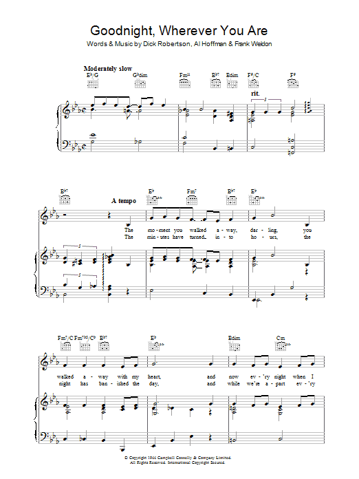 Dick Robertson Goodnight, Wherever You Are sheet music notes and chords arranged for Piano, Vocal & Guitar Chords