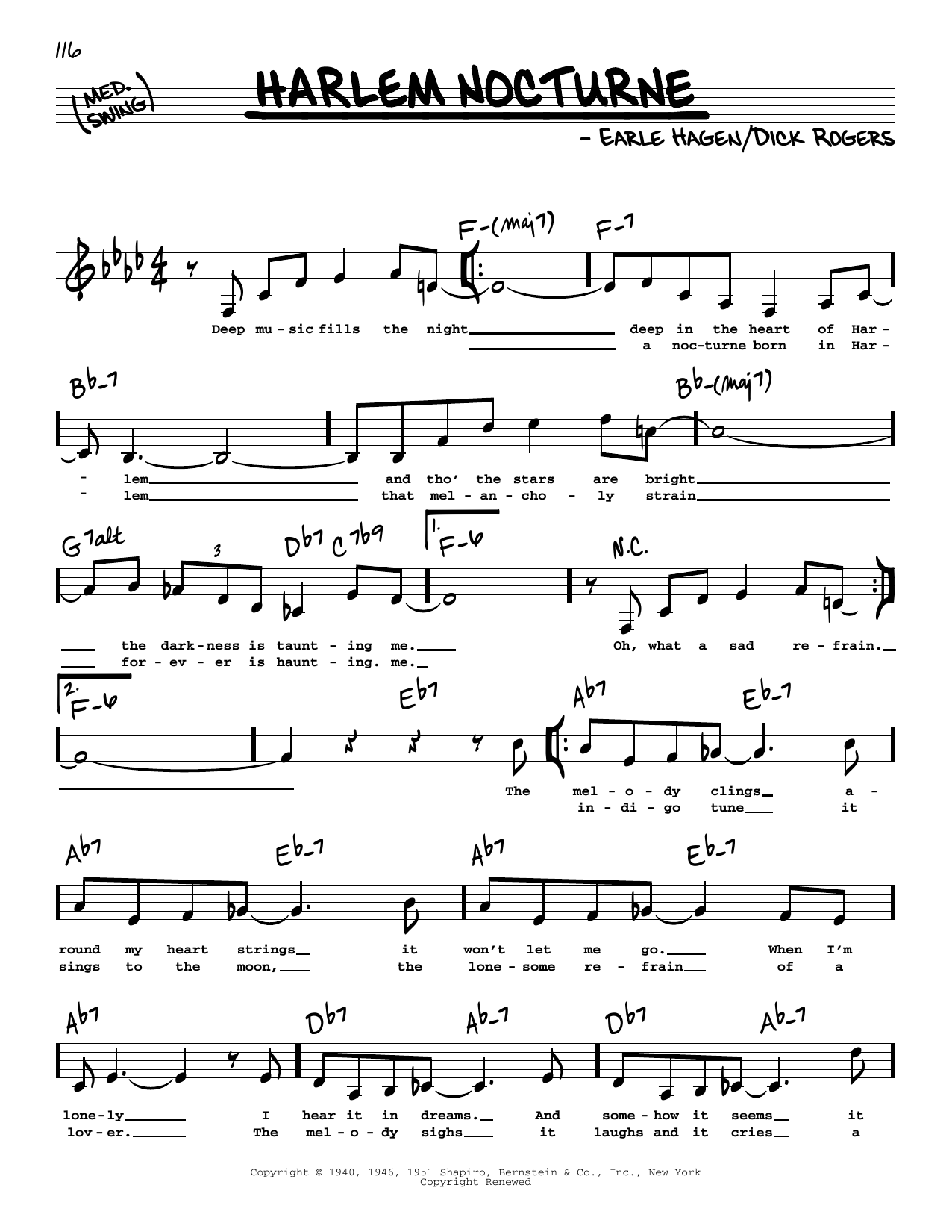 Dick Rogers Harlem Nocturne (Low Voice) sheet music notes and chords arranged for Real Book – Melody, Lyrics & Chords
