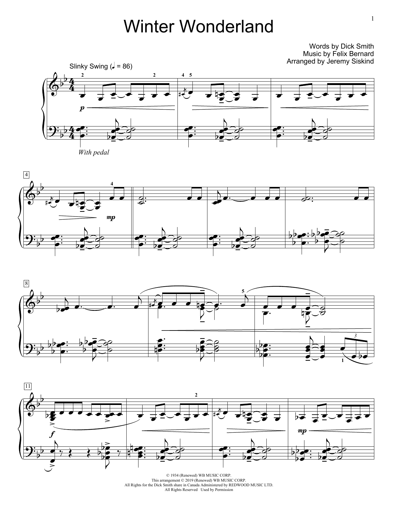 Dick Smith and Felix Bernard Winter Wonderland (arr. Jeremy Siskind) sheet music notes and chords arranged for Educational Piano