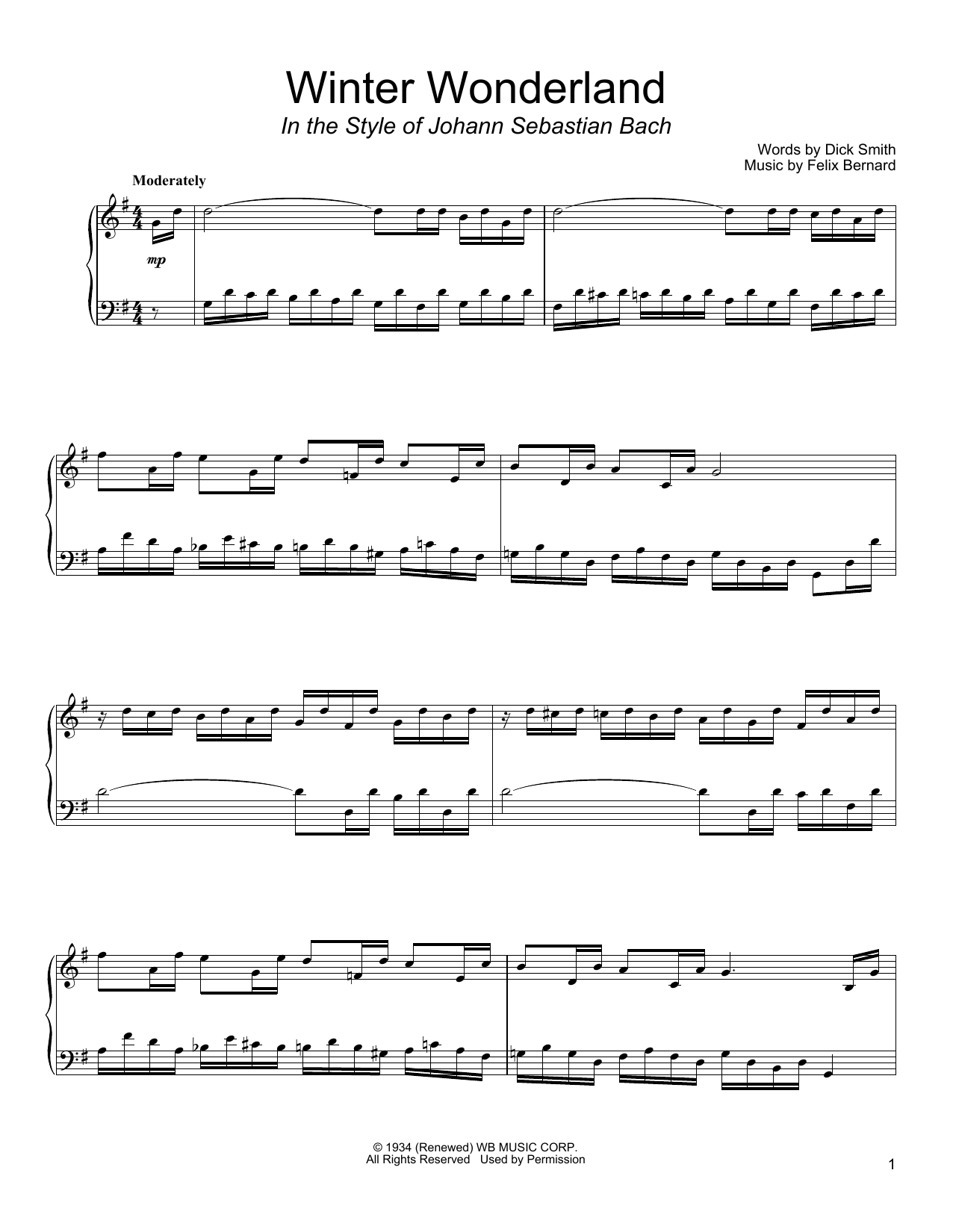 Dick Smith Winter Wonderland (in the style of J.S. Bach) (arr. David Pearl) sheet music notes and chords arranged for Piano Solo