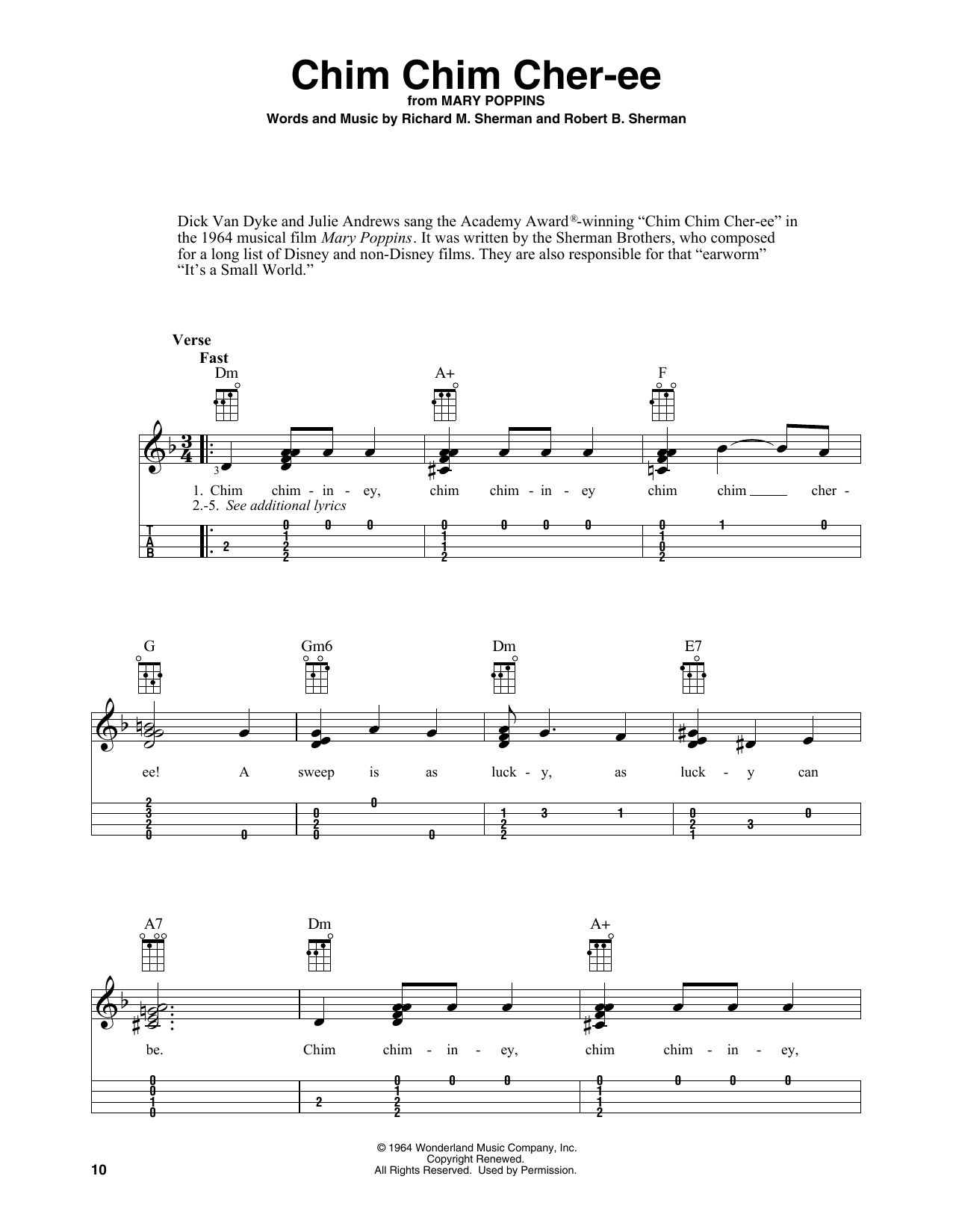 Dick Van Dyke Chim Chim Cher-ee (from Mary Poppins) (arr. Fred Sokolow) sheet music notes and chords arranged for Easy Ukulele Tab