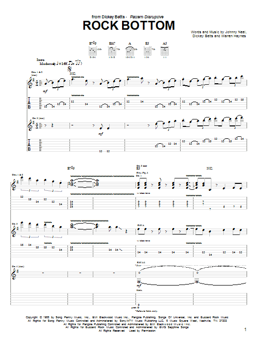 Dickey Betts Rock Bottom sheet music notes and chords arranged for Guitar Tab