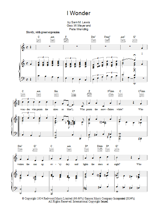 Dickie Valentine I Wonder sheet music notes and chords arranged for Piano, Vocal & Guitar Chords