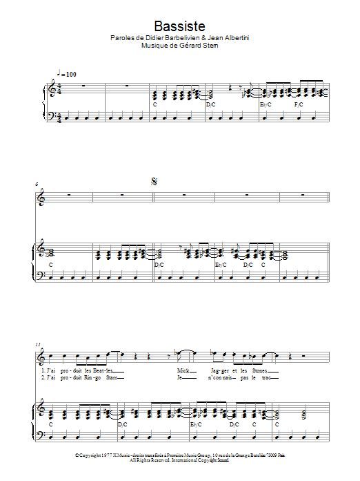 Didier Barbelivien Bassiste sheet music notes and chords arranged for Piano & Vocal