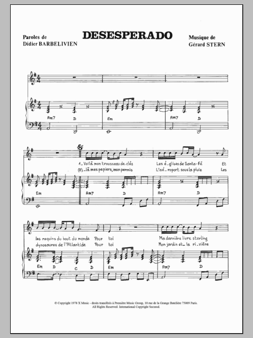 Didier Barbelivien Desperado sheet music notes and chords arranged for Piano & Vocal