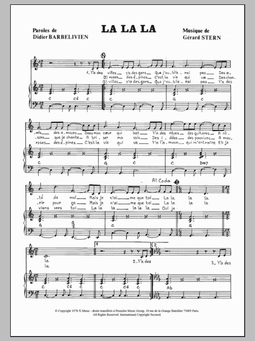 Didier Barbelivien La La La sheet music notes and chords arranged for Piano & Vocal