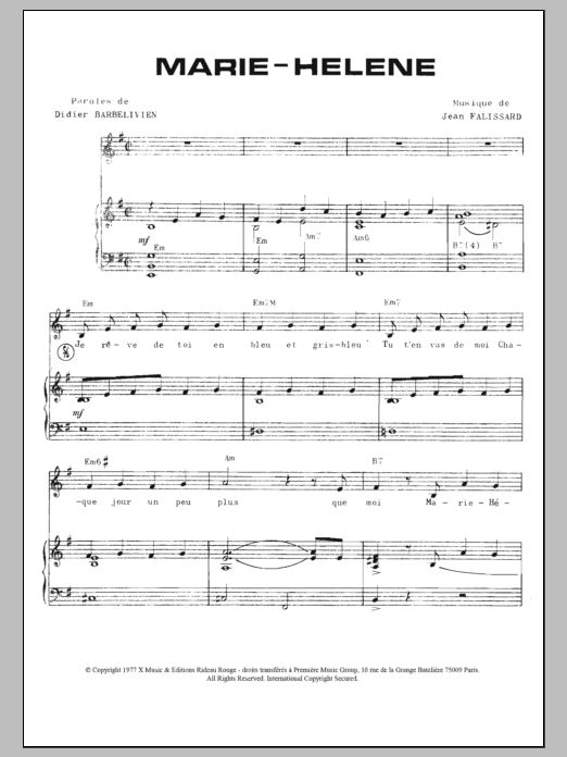 Didier Barbelivien Marie Helene sheet music notes and chords arranged for Piano & Vocal