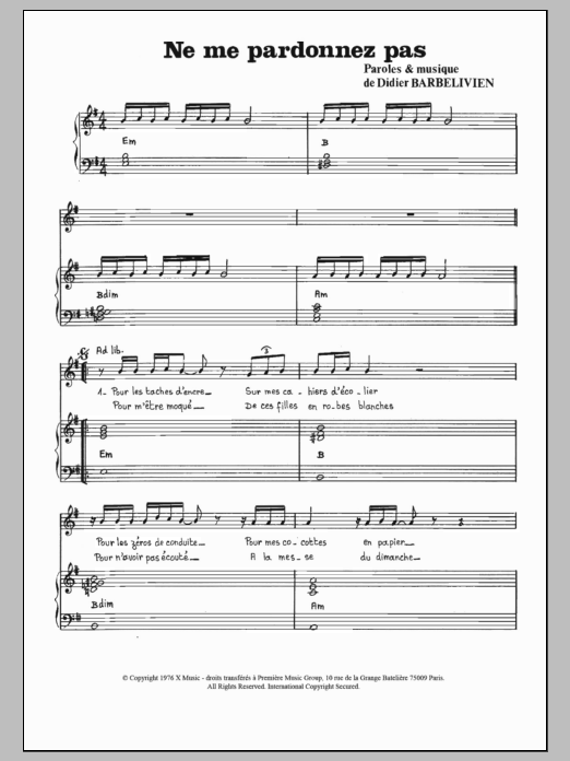 Didier Barbelivien Ne Me Pardonnez Pas sheet music notes and chords arranged for Piano & Vocal