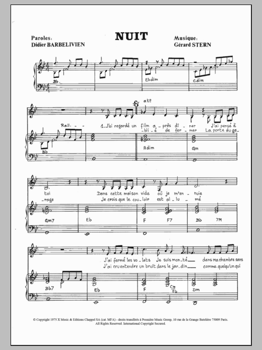 Didier Barbelivien Nuit sheet music notes and chords arranged for Piano & Vocal