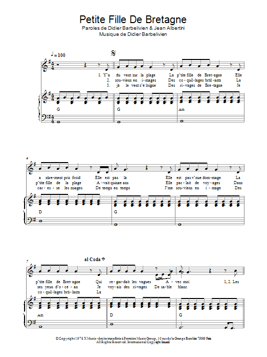 Didier Barbelivien Petite Fille De Bretagne sheet music notes and chords arranged for Piano & Vocal