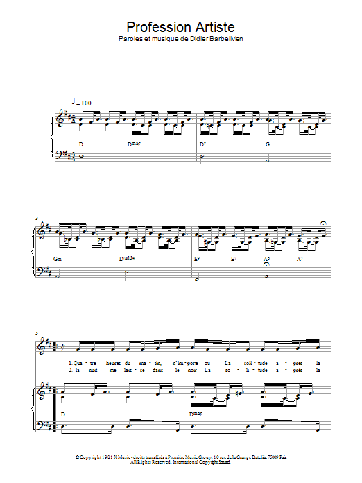 Didier Barbelivien Profession Artiste sheet music notes and chords arranged for Piano & Vocal