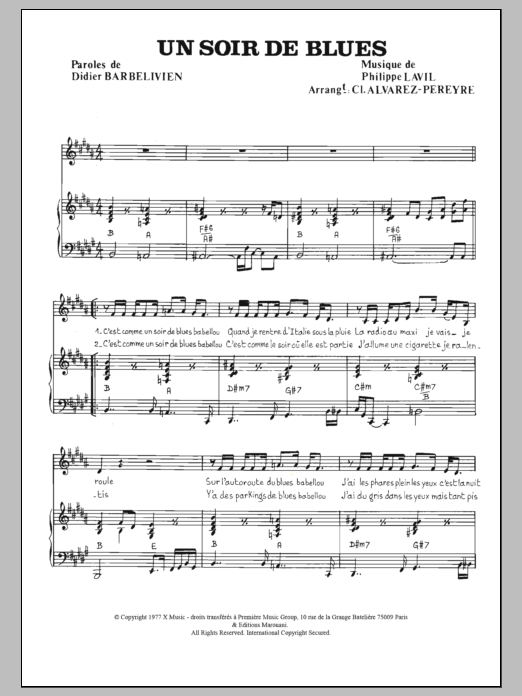 Didier Barbelivien Un Soir De Blues sheet music notes and chords arranged for Piano & Vocal