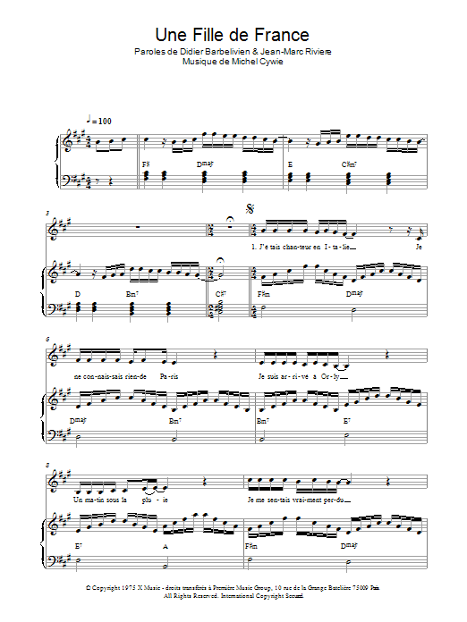 Didier Barbelivien Une Fille De France sheet music notes and chords arranged for Piano & Vocal