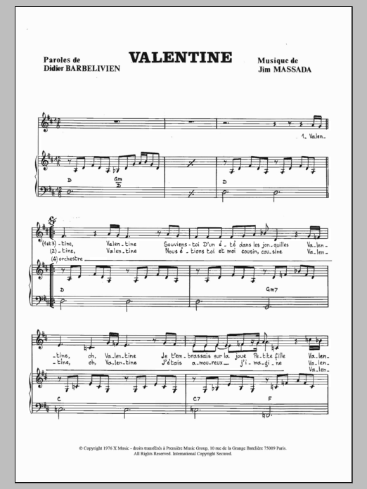 Didier Barbelivien Valentine sheet music notes and chords arranged for Piano & Vocal