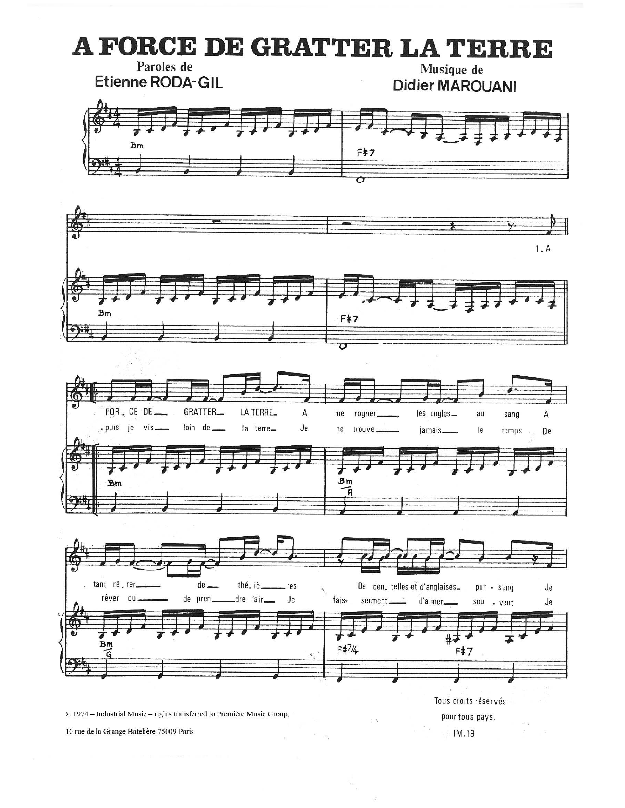 Didier Marouani A Force De Gratter La Terre sheet music notes and chords arranged for Piano & Vocal
