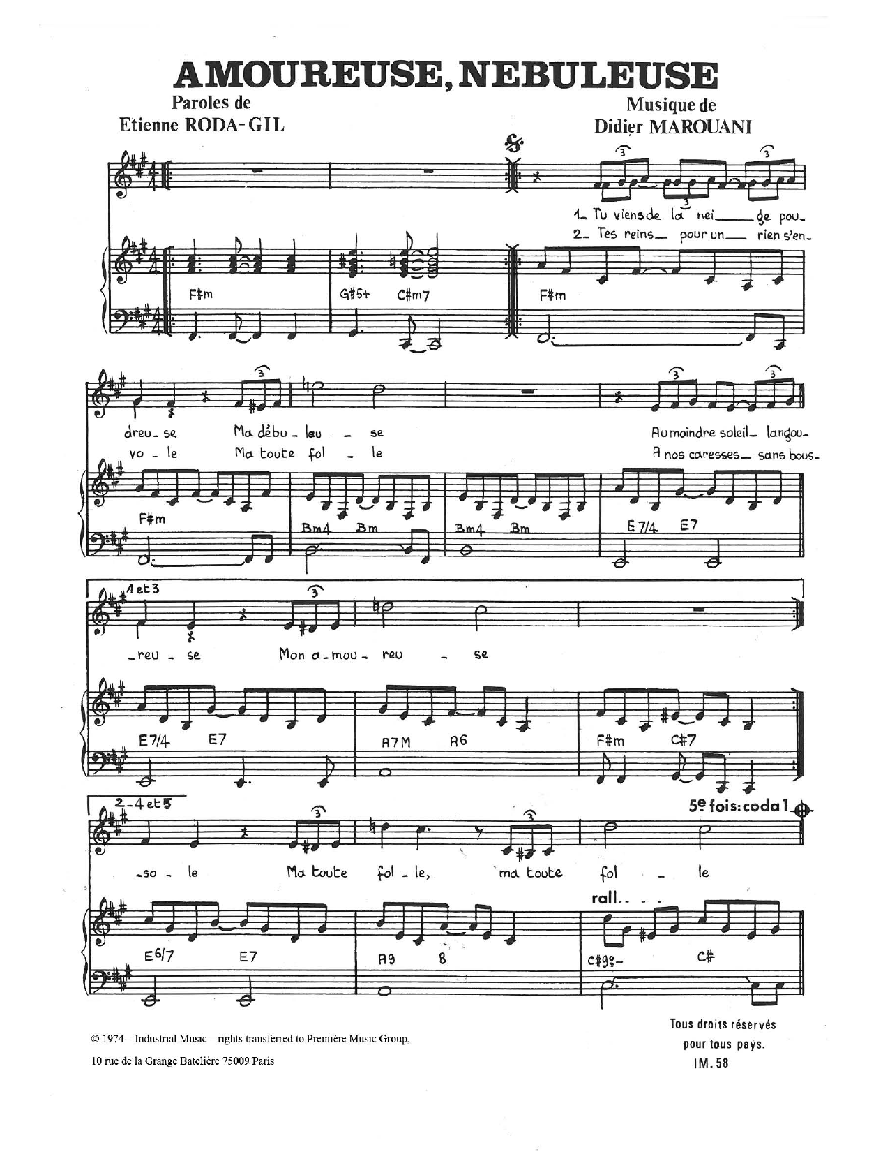 Didier Marouani Amoureuse, Nebuleuse sheet music notes and chords arranged for Piano & Vocal