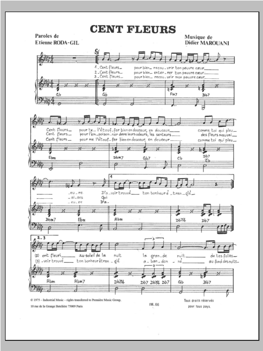 Didier Marouani Cent Fleurs sheet music notes and chords arranged for Piano, Vocal & Guitar Chords