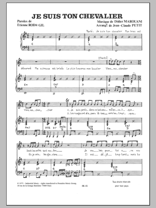 Didier Marouani Je Suis Ton Chevalier sheet music notes and chords arranged for Piano & Vocal