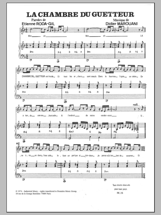 Didier Marouani La Chambre Du Guetteur sheet music notes and chords arranged for Piano & Vocal