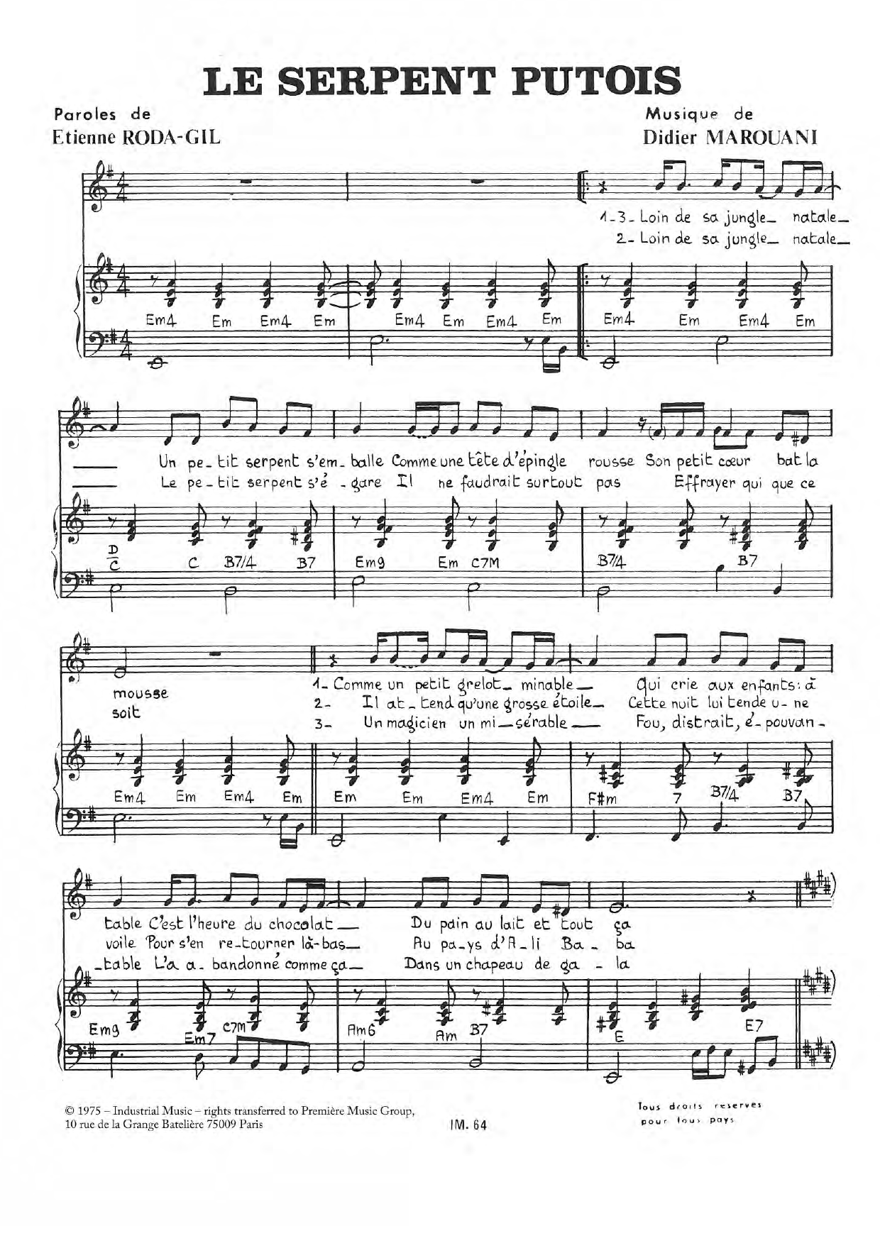 Didier Marouani Le Serpent Putois sheet music notes and chords arranged for Piano & Vocal