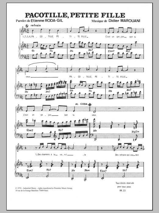 Didier Marouani Pacotille, Petite Fille sheet music notes and chords arranged for Piano & Vocal