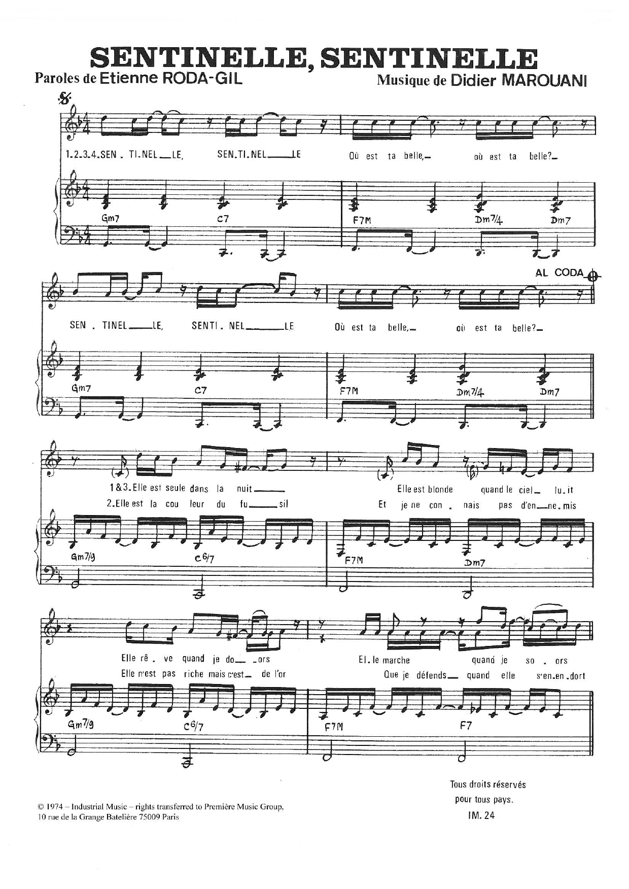 Didier Marouani Sentinelle, Sentinelle sheet music notes and chords arranged for Piano & Vocal