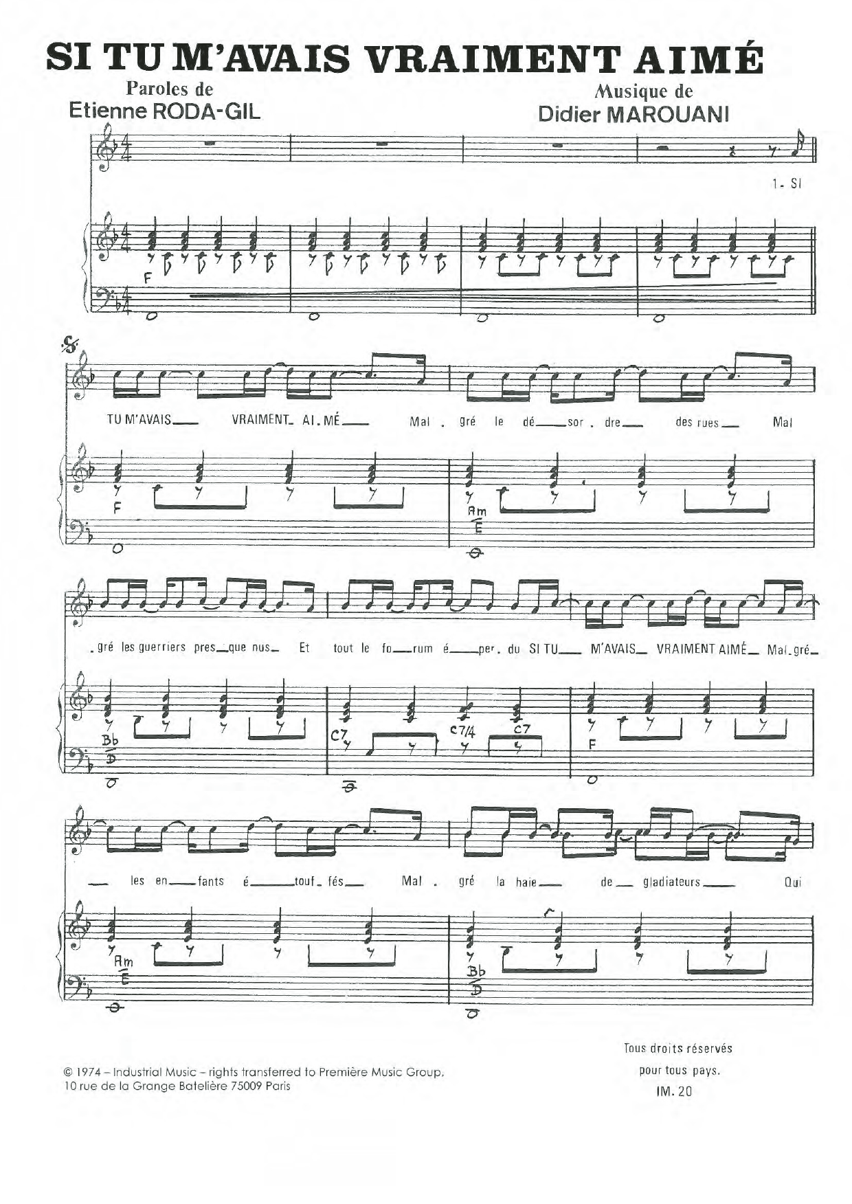 Didier Marouani Si Tu M'avais Vraiment Aime sheet music notes and chords arranged for Piano & Vocal