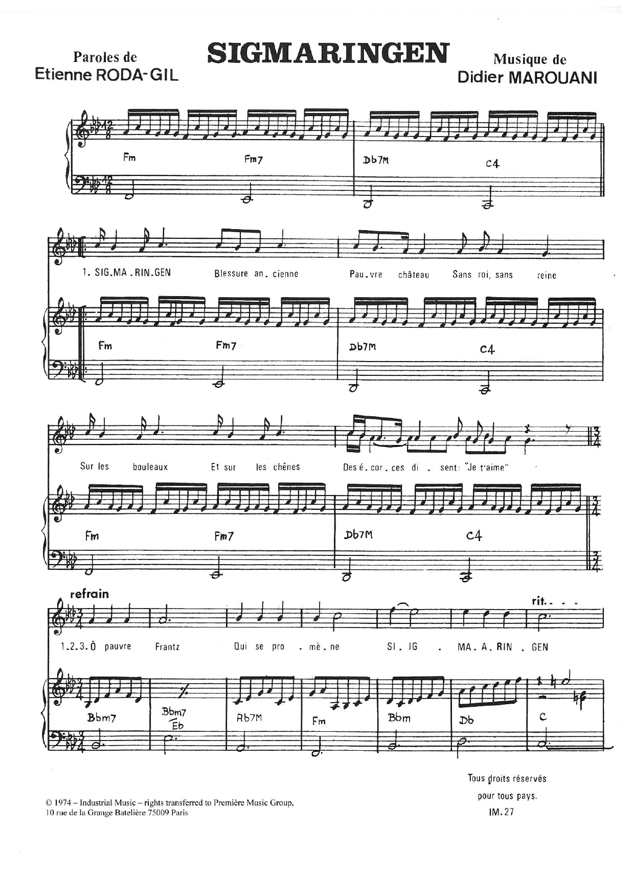 Didier Marouani Sigmaringen sheet music notes and chords arranged for Piano & Vocal