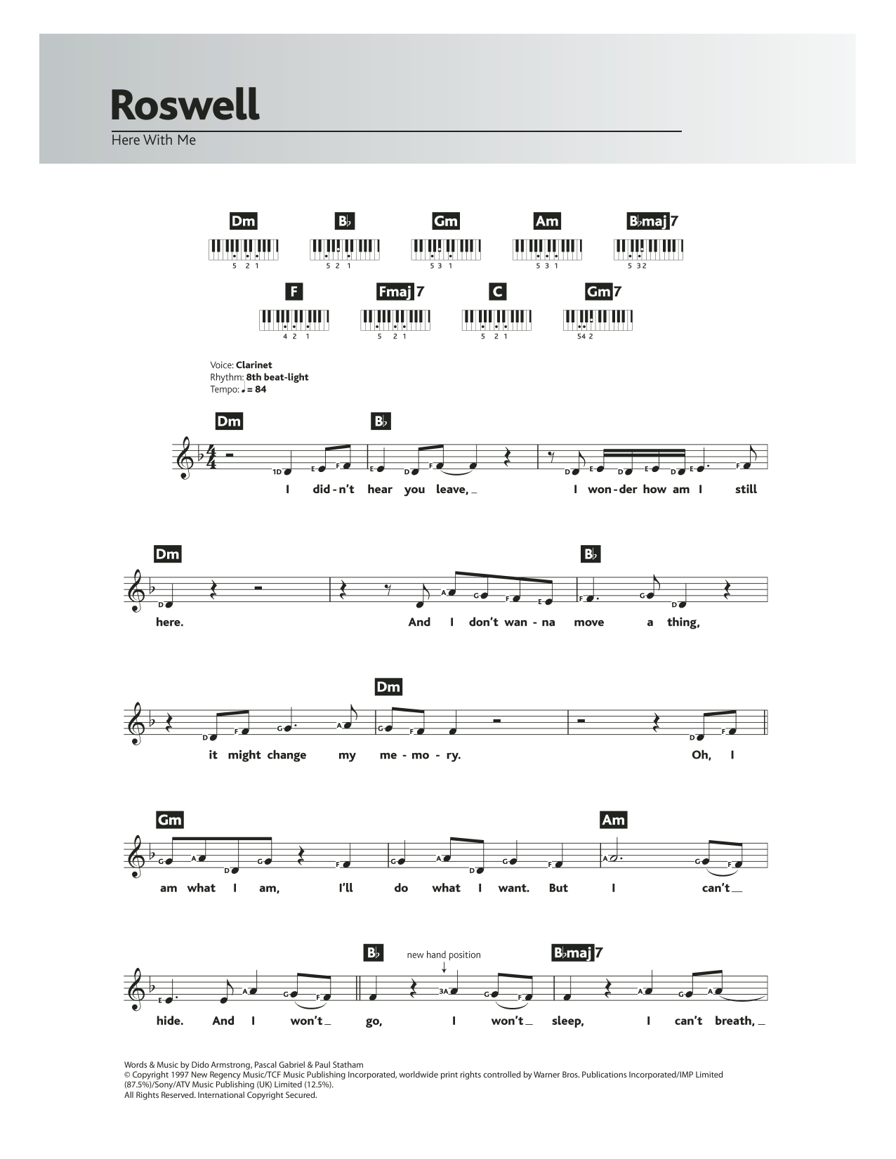 Dido Armstrong Here With Me (Theme from Roswell) sheet music notes and chords arranged for Piano Chords/Lyrics