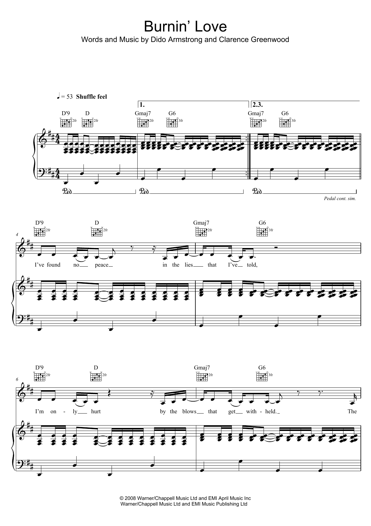 Dido Burnin' Love sheet music notes and chords arranged for Piano, Vocal & Guitar Chords (Right-Hand Melody)