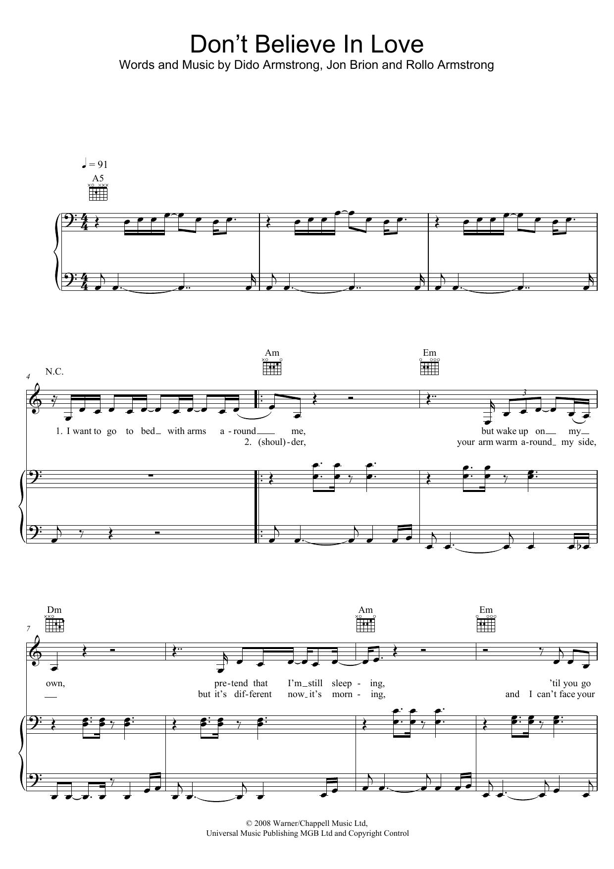 Dido Don't Believe In Love sheet music notes and chords arranged for Piano, Vocal & Guitar Chords (Right-Hand Melody)