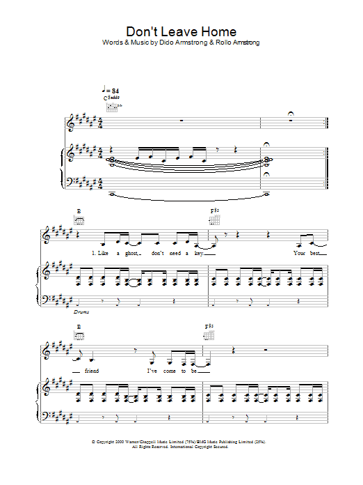 Dido Don't Leave Home sheet music notes and chords arranged for Piano, Vocal & Guitar Chords